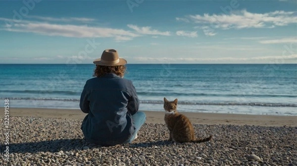 Fototapeta Solitude by the Sea: A Person and Cat Contemplate the Ocean's Serenity