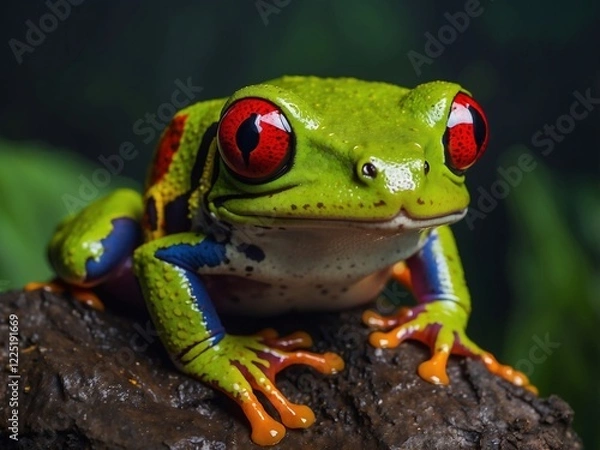 Fototapeta Close-Up Portrait of a Colorful Green Frog with Red Eyes in Tropical Rainforest Habitat