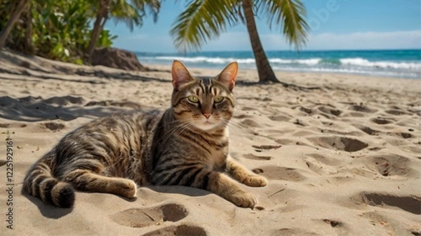 Fototapeta Serene Tabby Cat Relaxing on a Tropical Beach