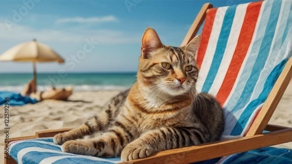 Fototapeta Relaxing Tabby Cat on Beach Lounger: Sunny Coastal Serenity