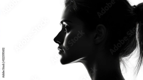Fototapeta Silhouette profile of a woman showcasing elegance and beauty against a bright background emphasizing facial features and contours.