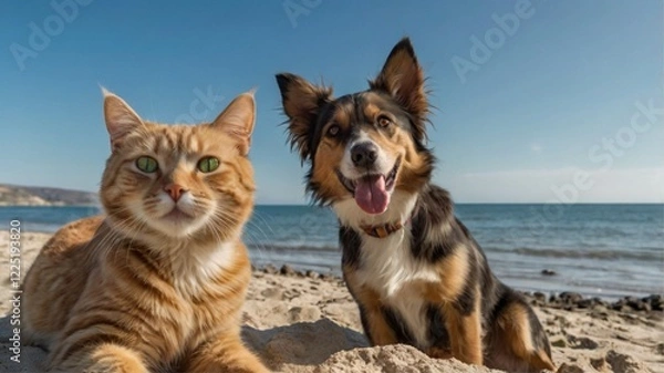 Fototapeta Beach Day Companions: A Ginger Cat and Happy Border Collie in Sunny Coastal Scene