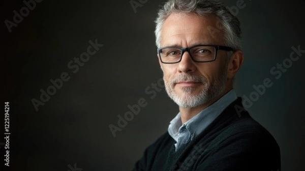 Fototapeta Professional businessman portrait with glasses against dark background showcasing confidence and experience in a studio setting