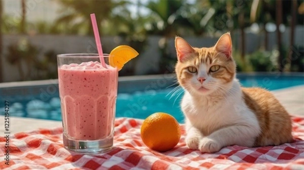 Fototapeta Relaxing Cat by Poolside with Summer Smoothie