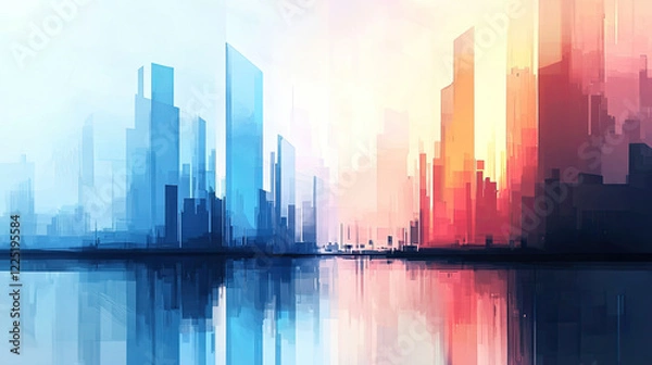 Fototapeta Abstract cityscape with colorful reflections in water