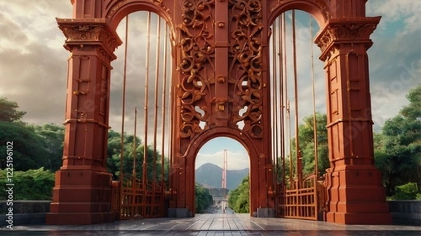 Fototapeta Ornate Red Bridge Gateway: A Serene, Architectural Vista