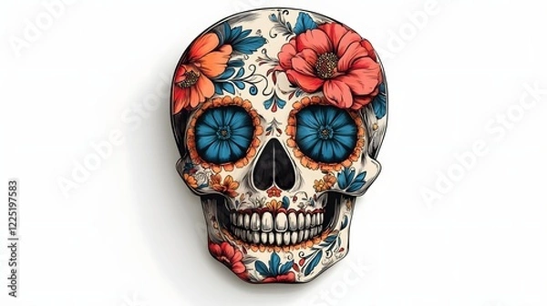 Obraz Ornate Skull with Colorful Floral Patterns in Mexican Day of the Dead Style