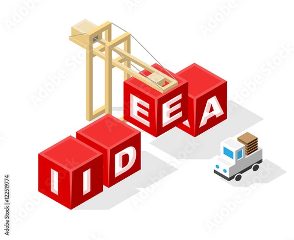 Obraz Isolated Creative Red Block Word " Idea " on White Background. Construction Concept. Vector Illustration.