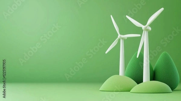 Fototapeta Symbolize of Energy efficiency. Miniature wind turbines on green hills with trees.