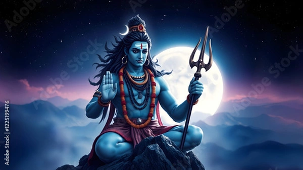 Fototapeta Hindu God Shiva in a meditative pose, sits atop Kailash mountain holding a trident in one hand and giving blessing with the other