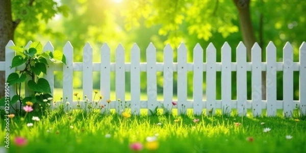 Fototapeta Serene Springtime Garden Scene with a White Picket Fence and Vibrant Blossoms