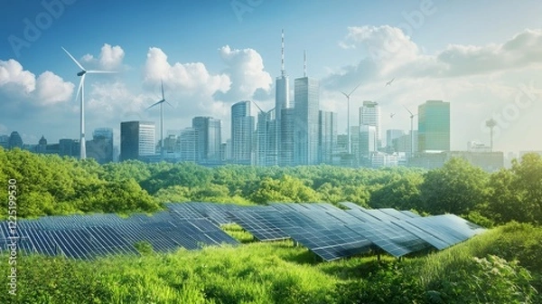 Fototapeta Net zero carbon transformation. A modern cityscape with skyscrapers, surrounded by lush greenery, solar panels, and wind turbines, showcasing sustainability and eco-friendly technology.
