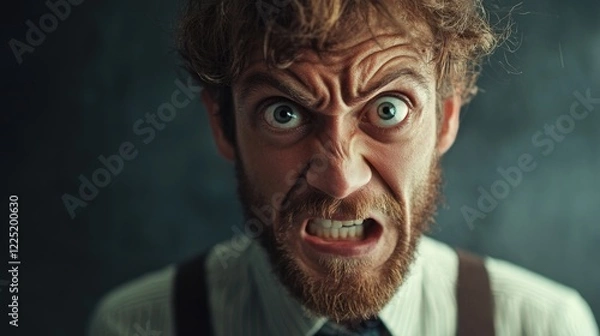 Fototapeta Man making a humorous angry expression with intense eyes and messy hair giving a quirky and comedic vibe in a dimly lit background