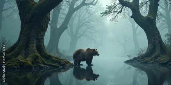 Fototapeta Solitary Bear Reflecting in a Misty Forest Lake at Dawn