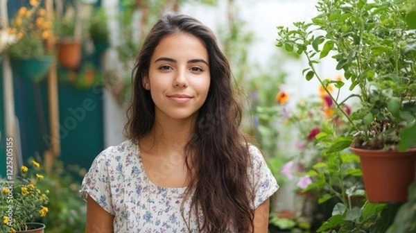 Fototapeta Young woman smiling in her garden surrounded by vibrant plants reflecting a joyful and nurturing lifestyle with ample copy space.