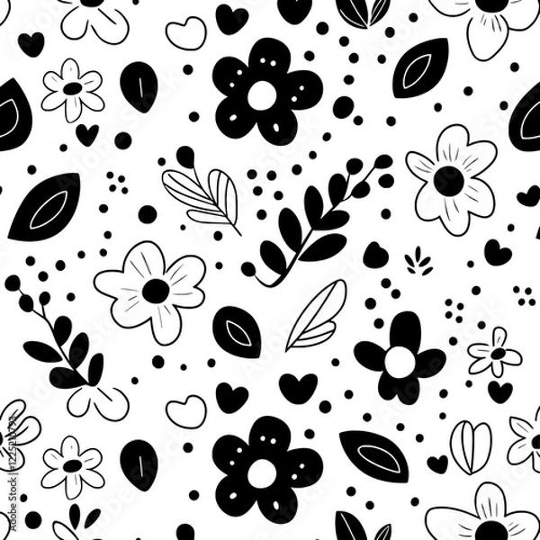 Obraz A background with seamless black and white floral patterns