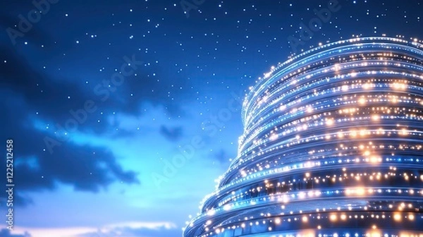 Fototapeta blueprint style Futuristic building illuminated at night sky. blueprint object design