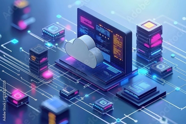 Fototapeta Cloud Computing Concept with Modern Digital Technology Elements
