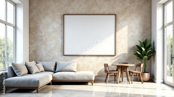 Fototapeta Grey Sofa Beige Marble Living Room Stone Wall Dining Area 3D Rendering
