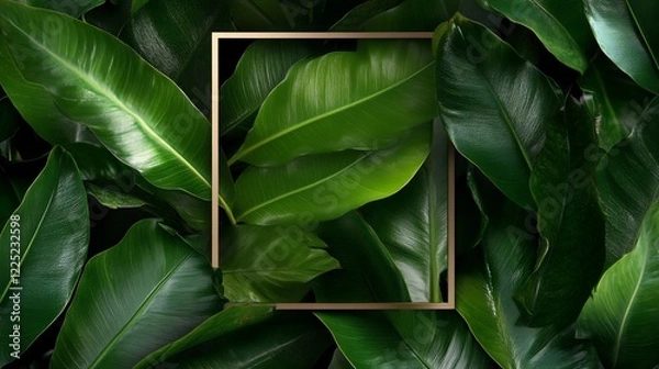 Fototapeta Lush Green Tropical Leaves with Golden Frame