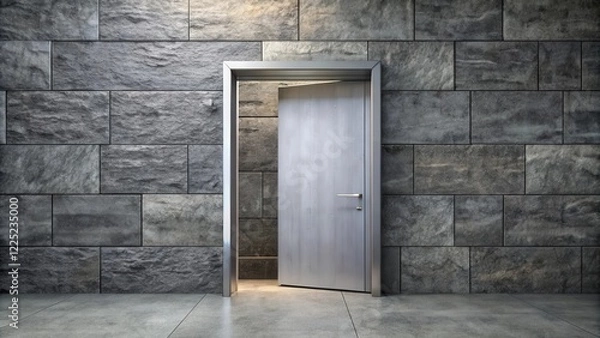 Fototapeta Modern gray door ajar, revealing a dimly lit interior space, set within a textured stone wall.