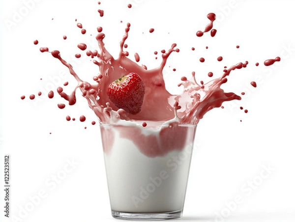 Fototapeta Strawberry splash in creamy milk glass at a kitchen counter