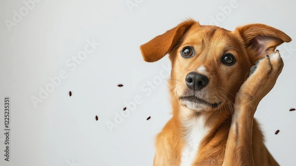 Fototapeta Worried dog scratching its ear while fleas fly around, highlighting pet discomfort and parasite problems