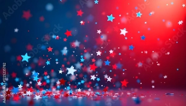 Fototapeta An energetic display of red, white, and blue star confetti bursting across the scene, set against a gradient background that smoothly transitions from bold red on the right to deep blue on the left