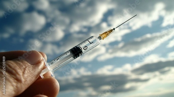 Fototapeta Close up photo of a syringe with a needle filled with clear liquid against a cloudy sky background