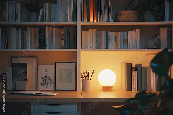 Fototapeta Cozy home office with warm lighting, bookshelves filled with books, and a stylish desk setup