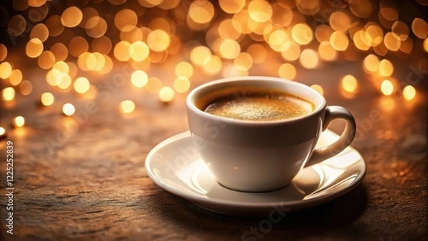 Fototapeta Aromatic espresso in a white cup, illuminated by warm festive lights on a rustic wooden surface.