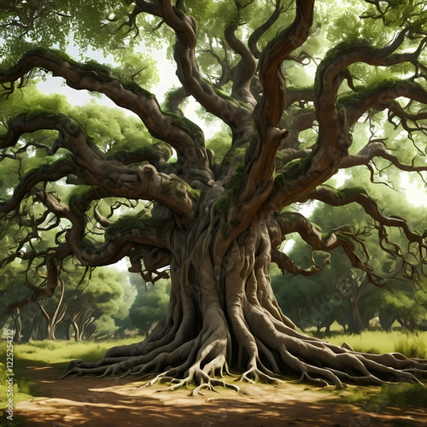 Fototapeta Set of large ancient trees with twisted branches and sprawling roots