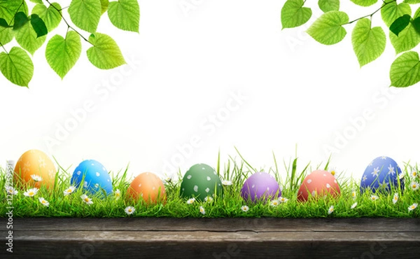 Obraz A template of a wooden product display top with painted Easter eggs and green spring grass, meadow on a transparent background to celebrate a happy Easter.