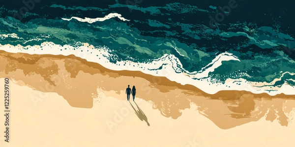 Fototapeta Couple walking along the shoreline at sunset near a tranquil beach