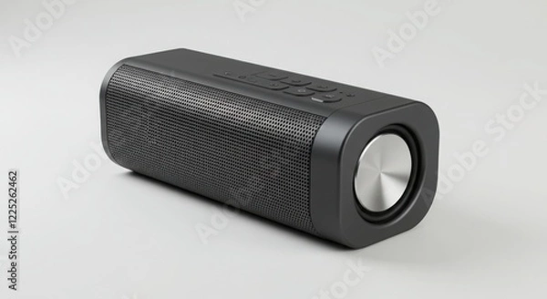 Fototapeta Black Bluetooth Speaker on White Background, Portable Wireless Audio Device