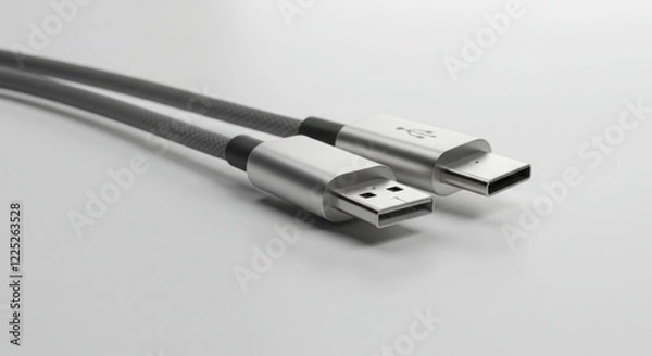 Fototapeta Gray USB-A to USB-C Cable on White Background