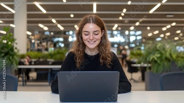 Obraz Young Woman Smiling While Using Laptop in Modern Workspace