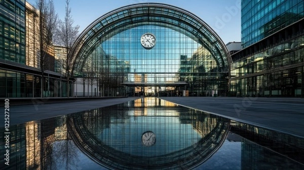 Obraz A modern architectural detail featuring a series of curved glass facades against a clear blue sky.