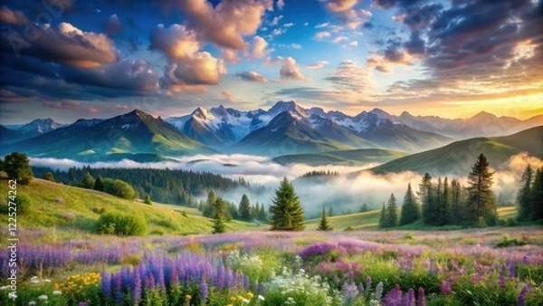 Fototapeta Serene Sunrise Over Majestic Mountain Range and Blooming Meadow
