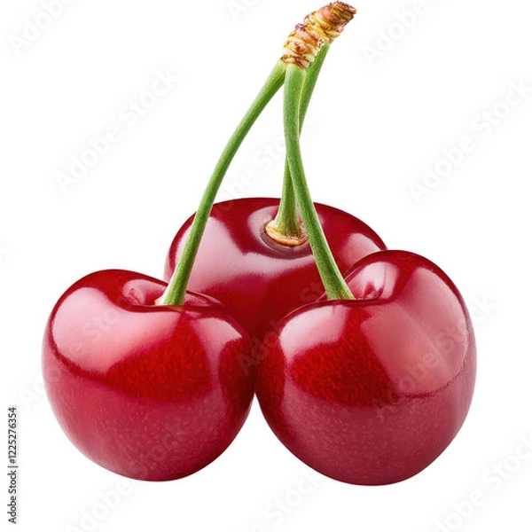 Fototapeta Three ripe red cherries with vibrant green stems on a white isolated background.