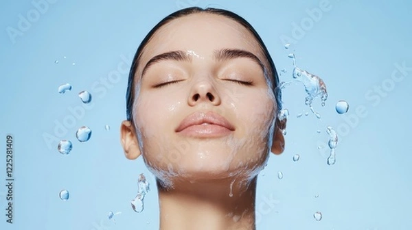 Obraz Hydrafacial Treatment Benefits  Close-up of a Woman's Face with Water Droplets, Showcasing Clean, Hydrated, and Radiant Skin After a Facial Treatment