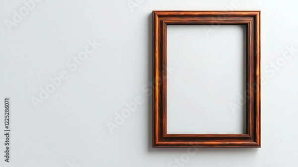Fototapeta Empty Wooden Frame with Rich Dark Finish Hanging on a Light Wall in Minimalist Decor Style