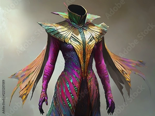 Fototapeta Majestic armored figure stands cloaked in layered iridescent garments against grey backdrop