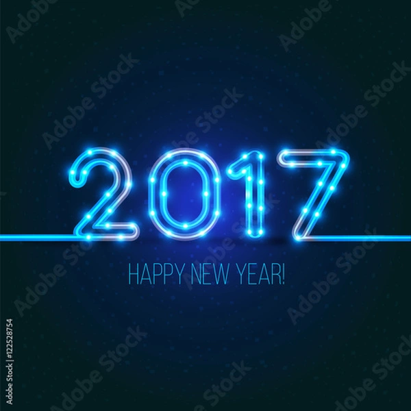 Obraz New Year's design. 2017 the year of fire rooster.Vector neon figures with lights. Greeting card background.