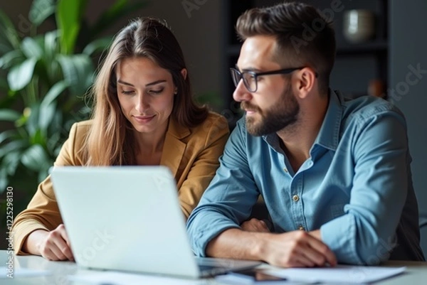 Fototapeta Collaborative Teamwork: A Focused Interaction Between a Man and Woman in a Modern Workspace with a Laptop, Capturing a Moment of Discussion and Problem-Solving