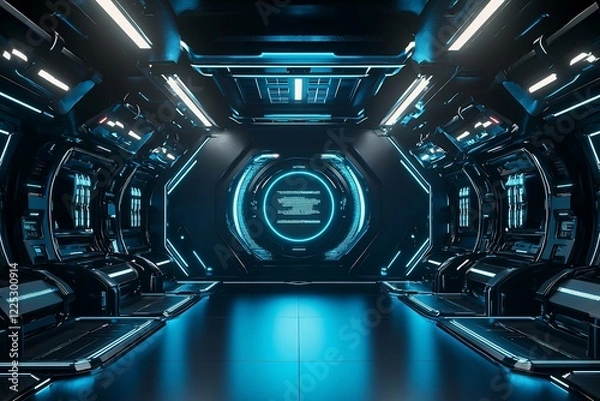 Fototapeta Futuristic sci-fi corridor with glowing blue lights, sleek design, and high-tech atmosphere