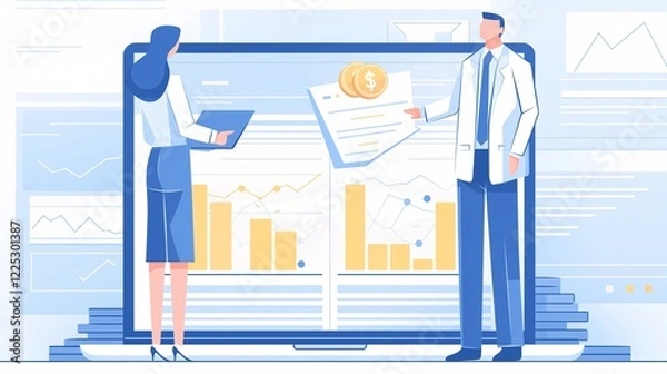 Fototapeta Analytics concept in flat design with people. Men and woman analyzing and researching business data, work with financial graph at dashboard. Illustration