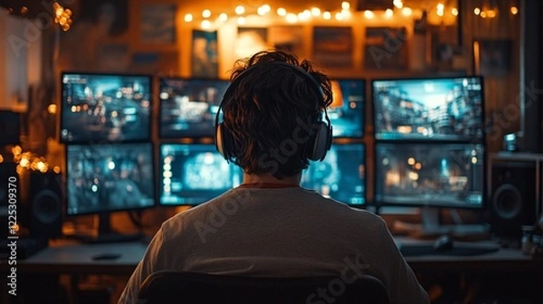 Fototapeta A player focuses intently on multiple monitors displaying vibrant game graphics while wearing headphones in a cozy gaming space at night 