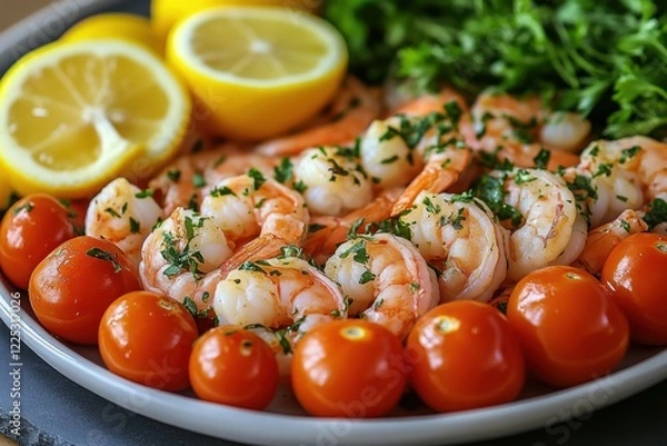 Fototapeta Freshly prepared shrimp with cherry tomatoes and lemon slices, garnished with herbs on a rustic plate