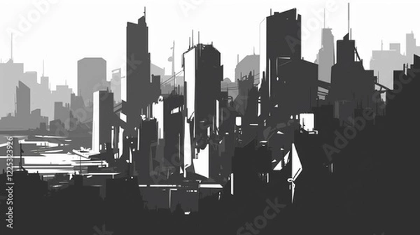 Fototapeta Monochrome Futuristic Cityscape with High-Rise Buildings